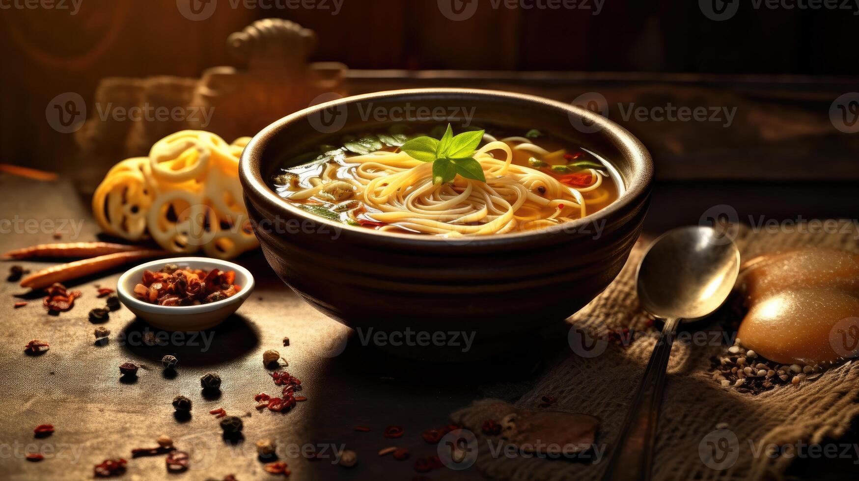 Noodles soup with ingredients for cooking on a wooden background. photo