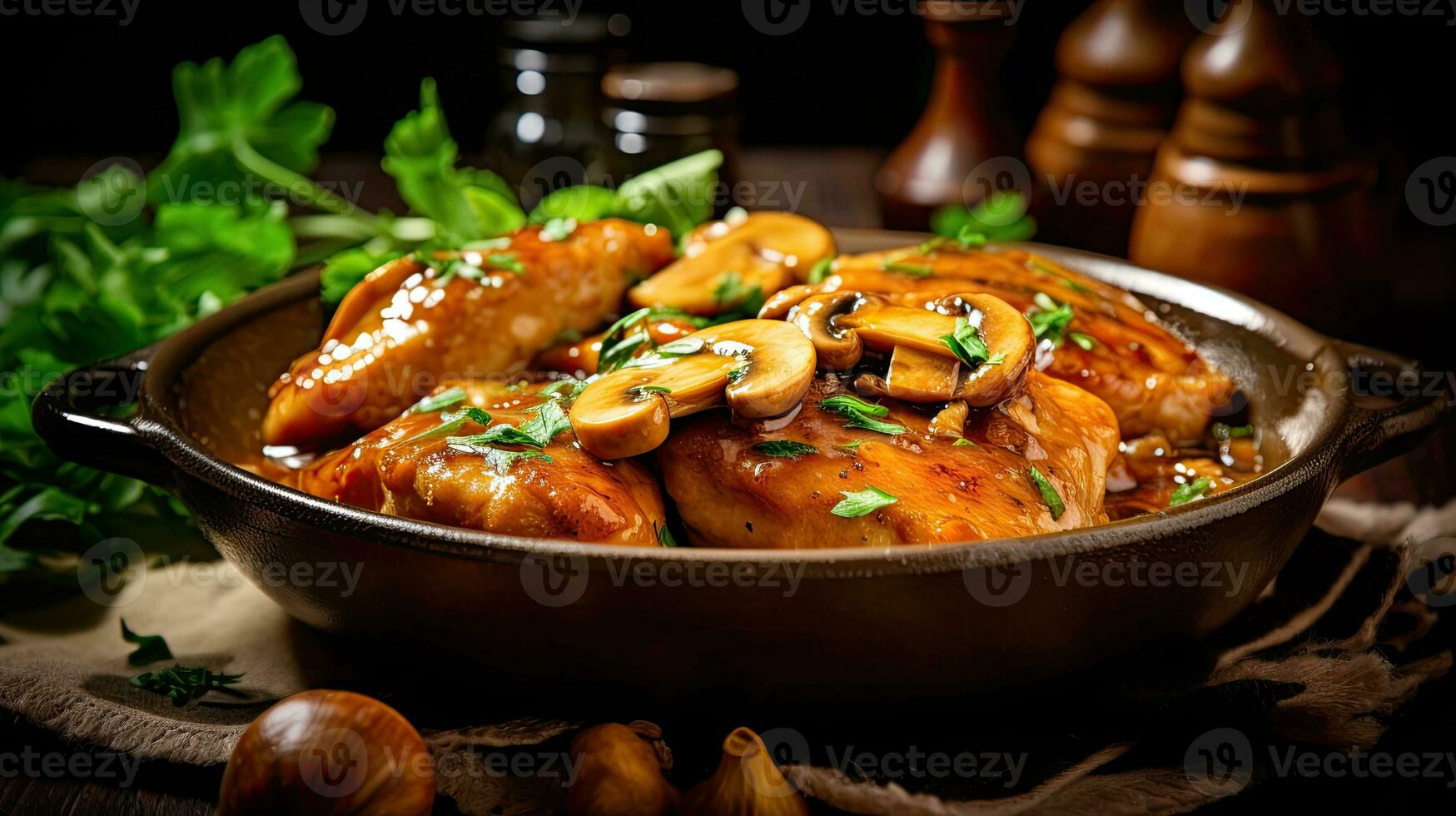 Chicken teriyaki with mushrooms and parsley in a pot on a wooden table. AI Generative photo