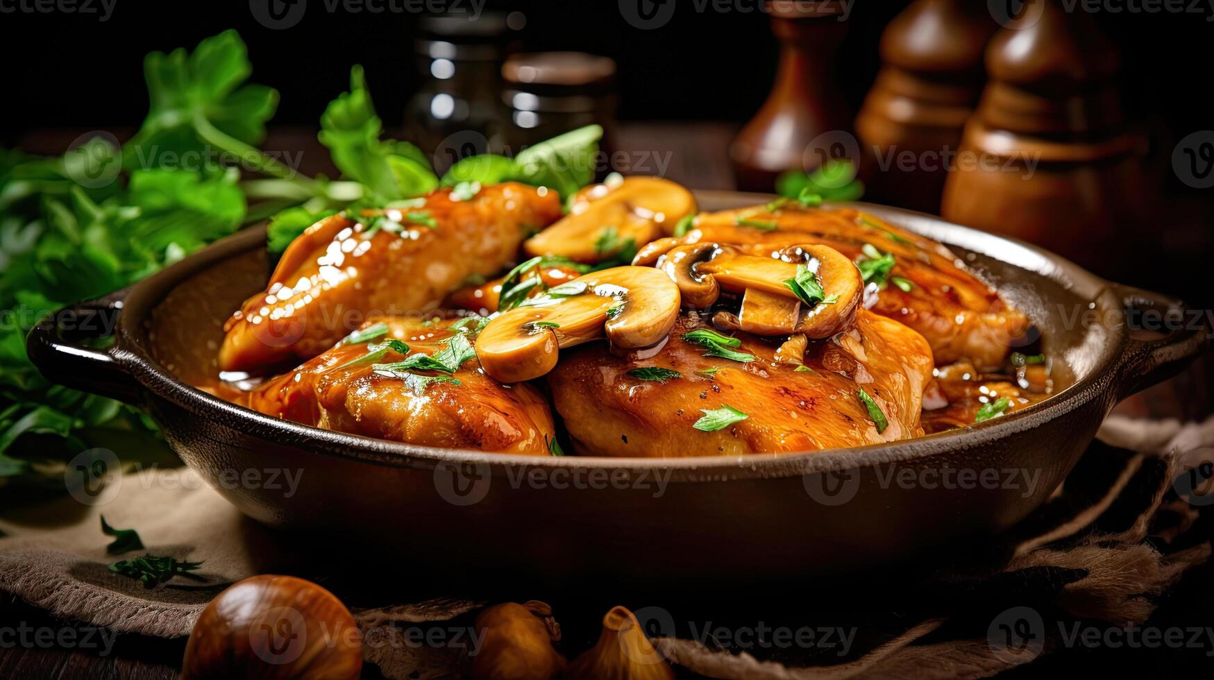 Chicken teriyaki with mushrooms and parsley in a pot on a wooden table. photo