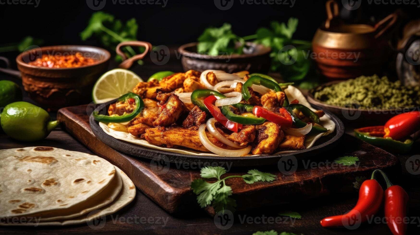 Chicken tikka masala with onion, chilli and lime wooden and black background. photo