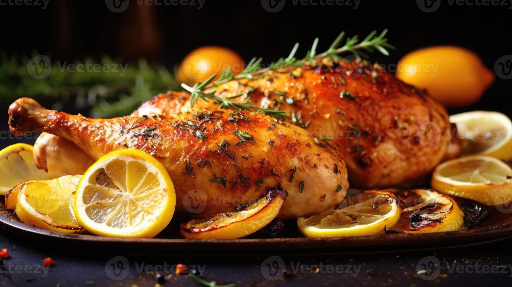 Baked chicken with lemon and herbs on a wooden table. photo