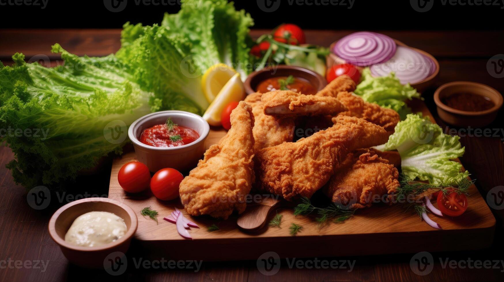 Crispy fried chicken nuggets with sauce and vegetables on wooden board. photo