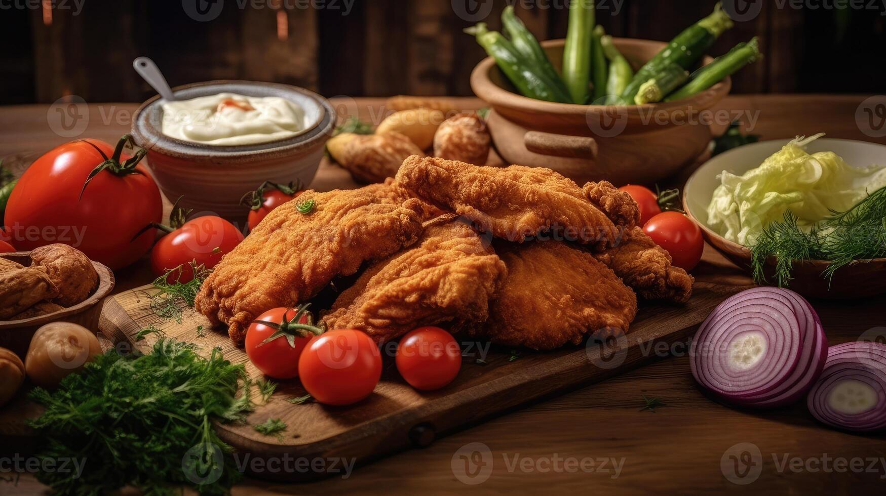 Fried chicken wings with vegetables on a wooden background. photo