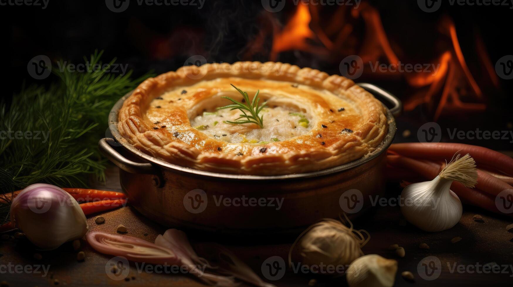 Tasty homemade pie with meat and vegetables in baking dish on table. photo