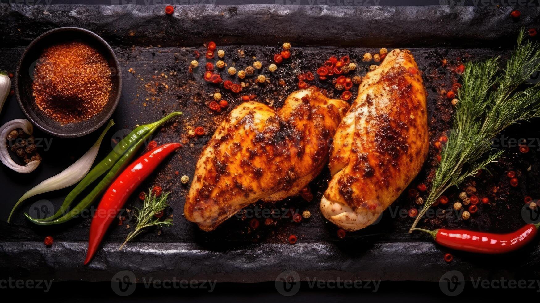 Grilled chicken fillet with spices and herbs on a black background. photo