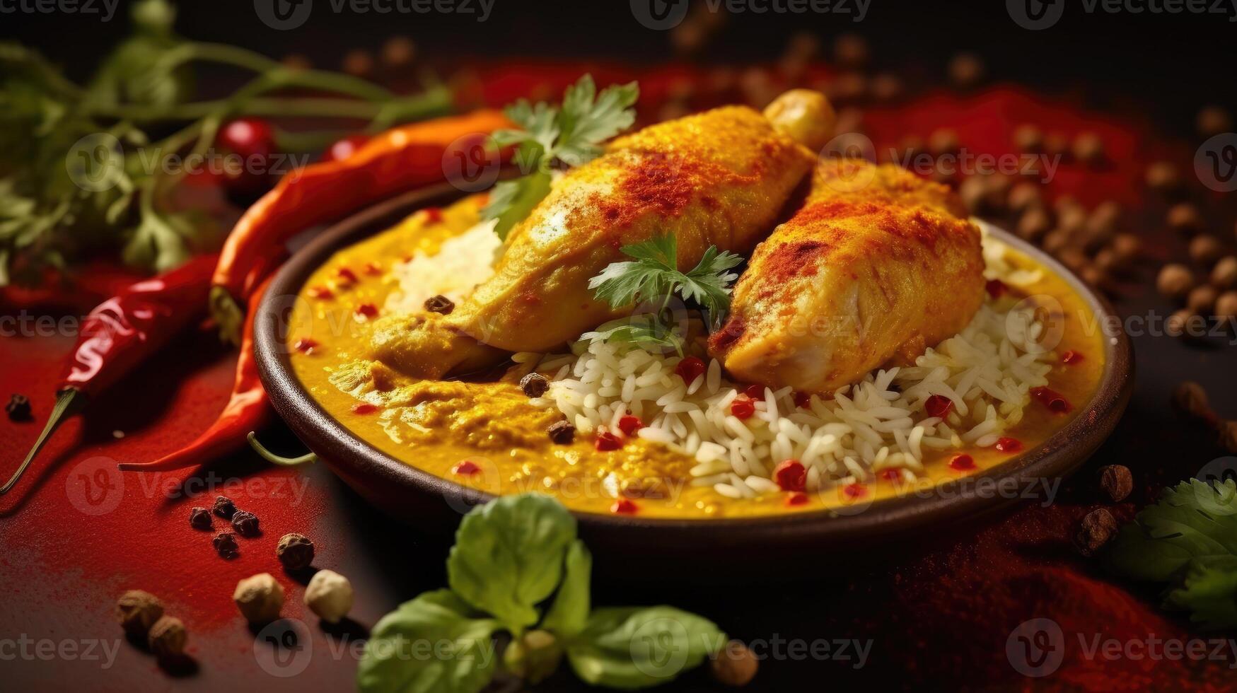 Chicken tikka masala with rice and spices on dark background. photo