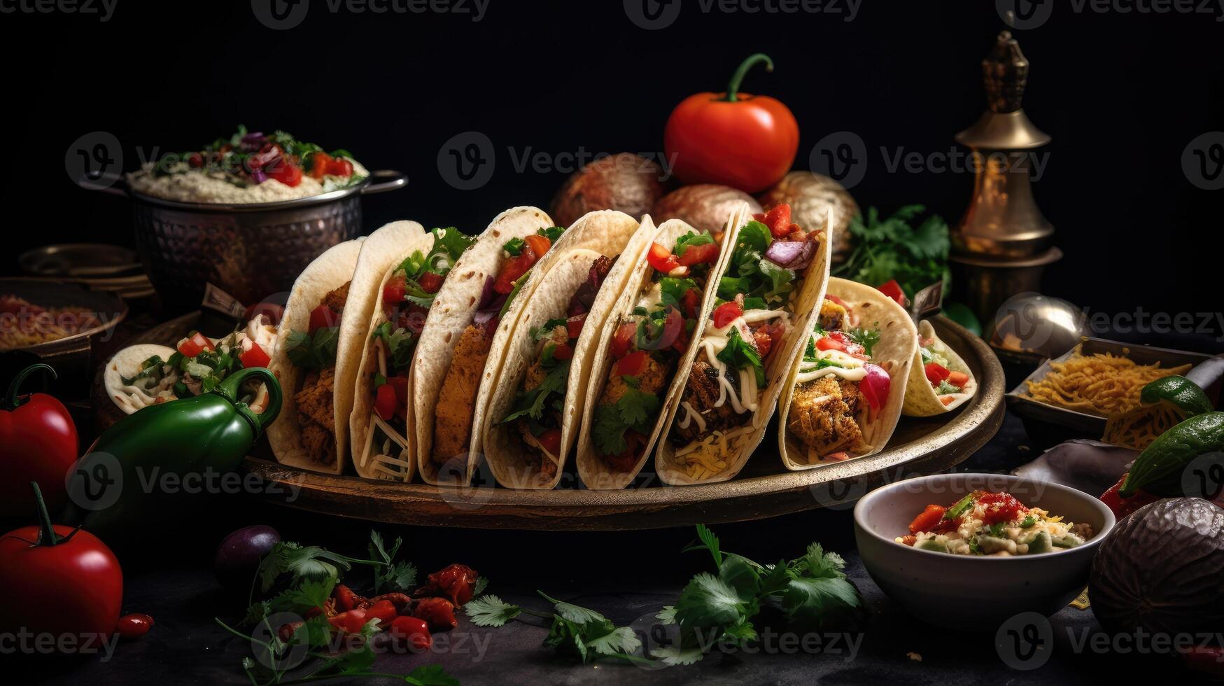 Mexican tacos with chicken meat, vegetables and cheese on dark background. photo
