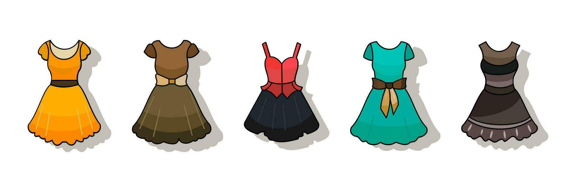 Collection of cute flat cartoon for women dresses, graphic vector illustration, garment, vintage design, colorful style