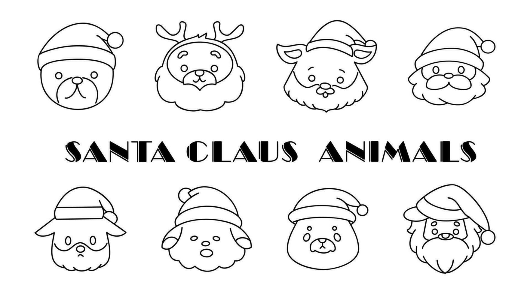 Set of cute animal Santa Claus heads, black and white line art, Christmas characters, elements for card greeting decoration, vector illustration