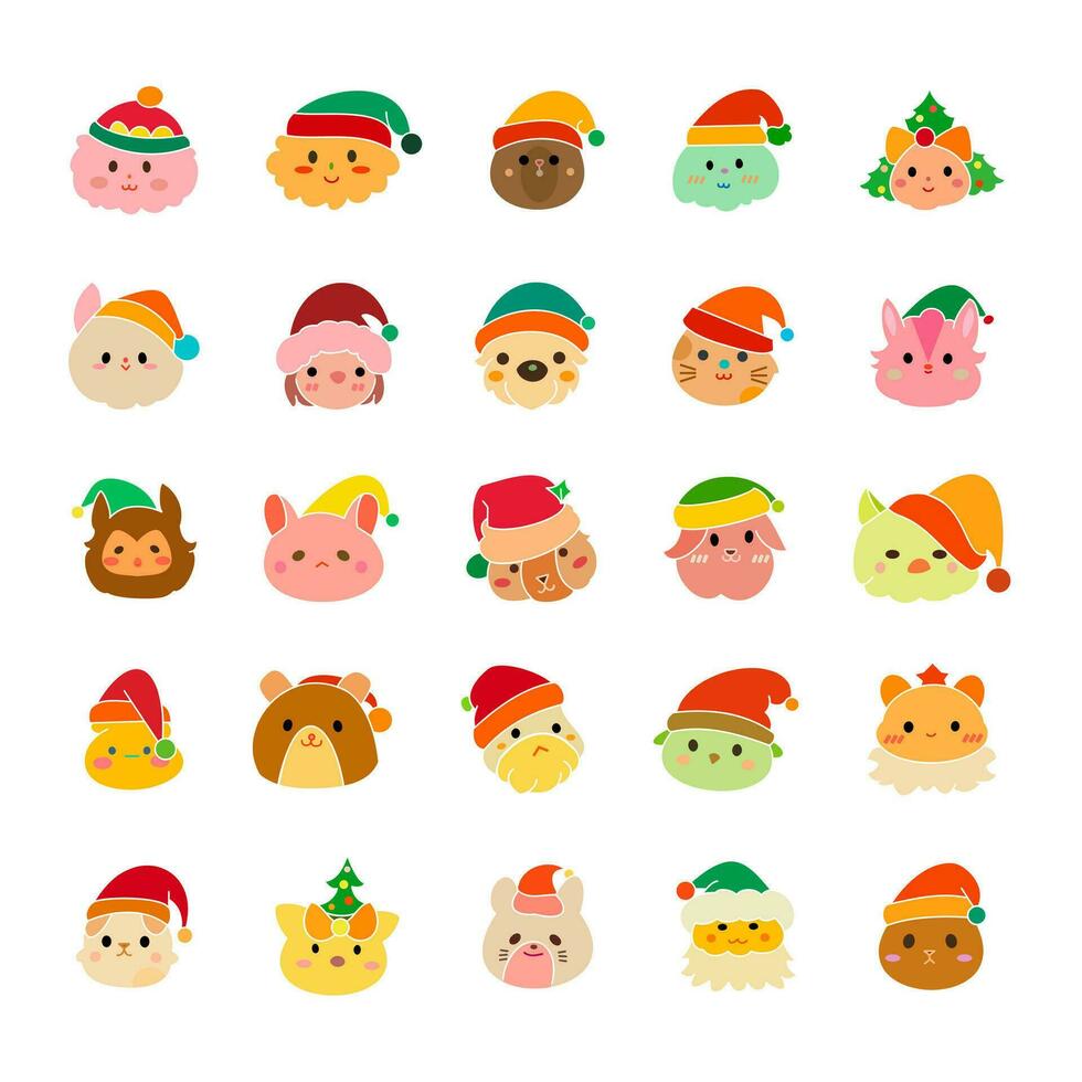 Set of cute Christmas character cartoons, flat design, colorful hand drawing, Santa Claus faces, new year holiday, vector illustration