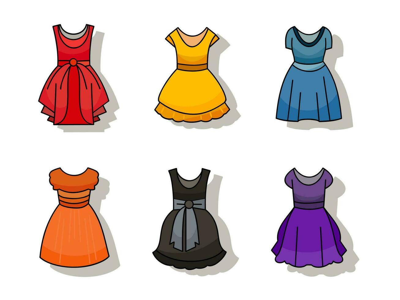 Set of flat women dresses, fashion design,  different colors, flat cartoon vector, colorful hand drawing, illustration vector