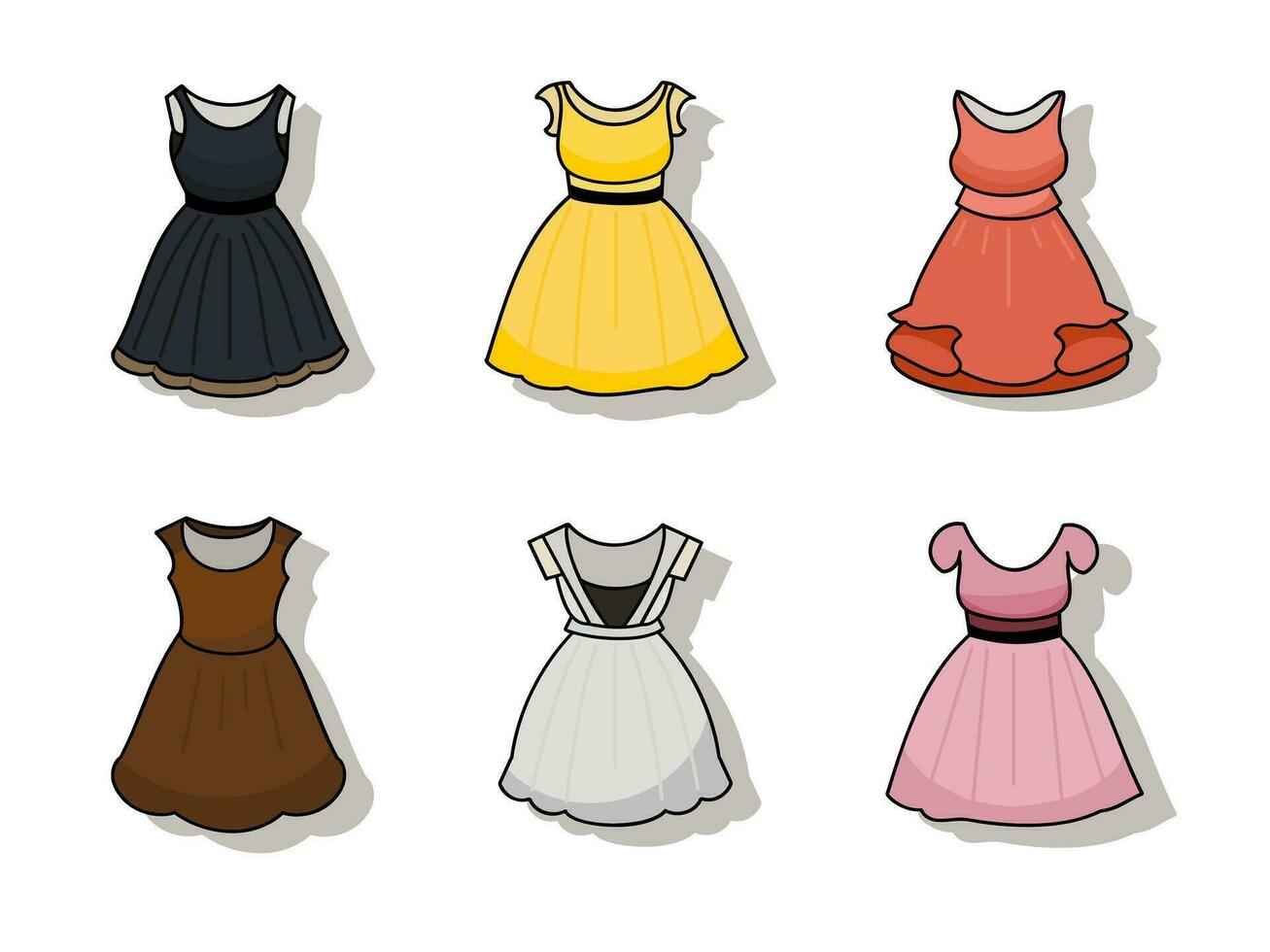 colección de mujer vestidos, linda dibujos animados diseños, diferente colores, mano dibujo, vector ilustración