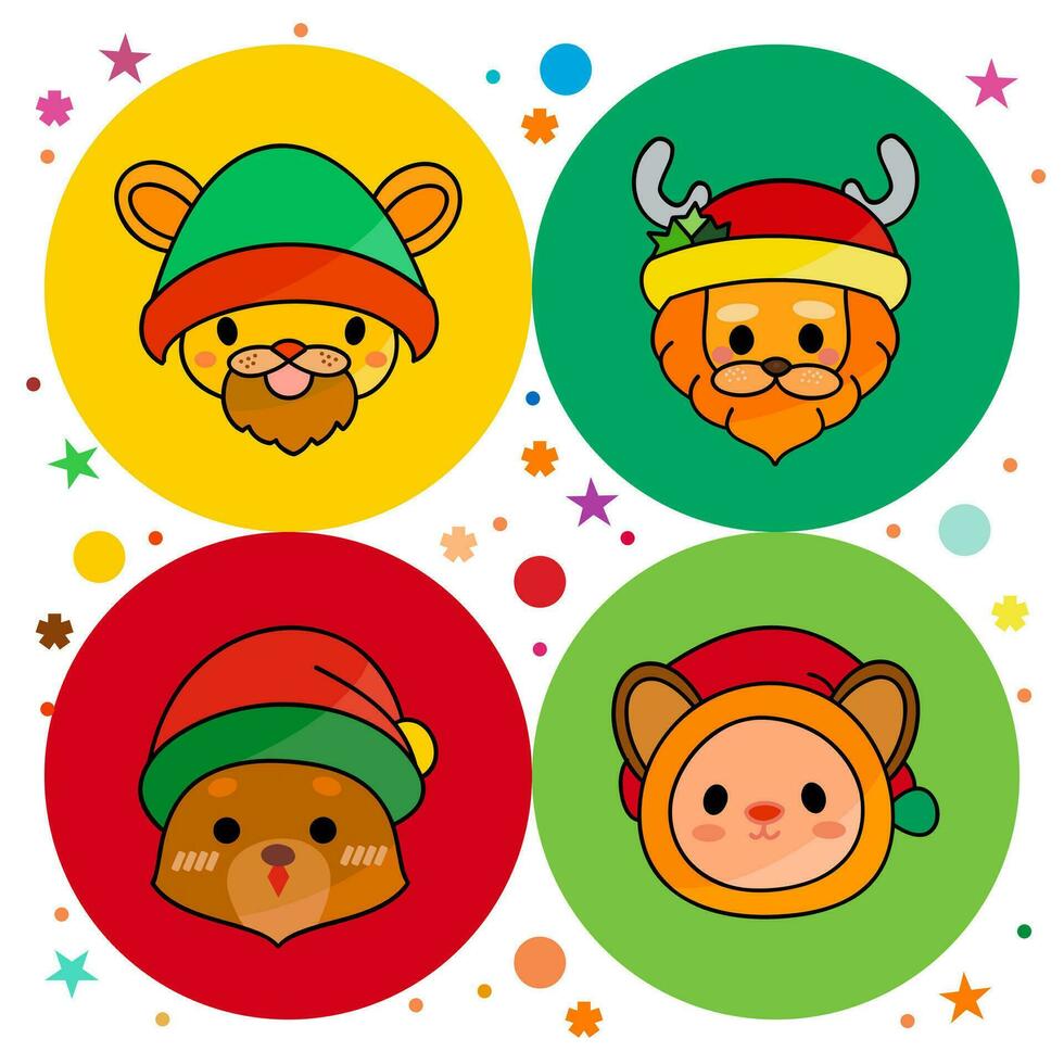 Collection of flat cartoon design for Christmas, animal Santa Claus heads, cute characters style, hand drawing and colorful, vector illustration