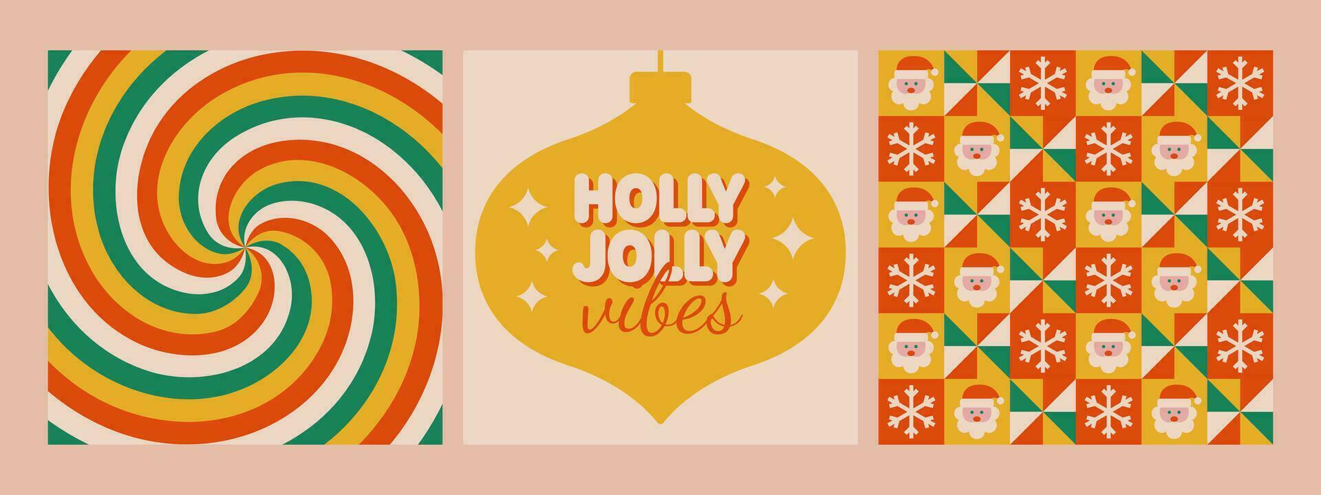 Holly jolly vibes phrase, pattern and twirl background in retro hippie 70s style. Christmas posters. Vector illustration