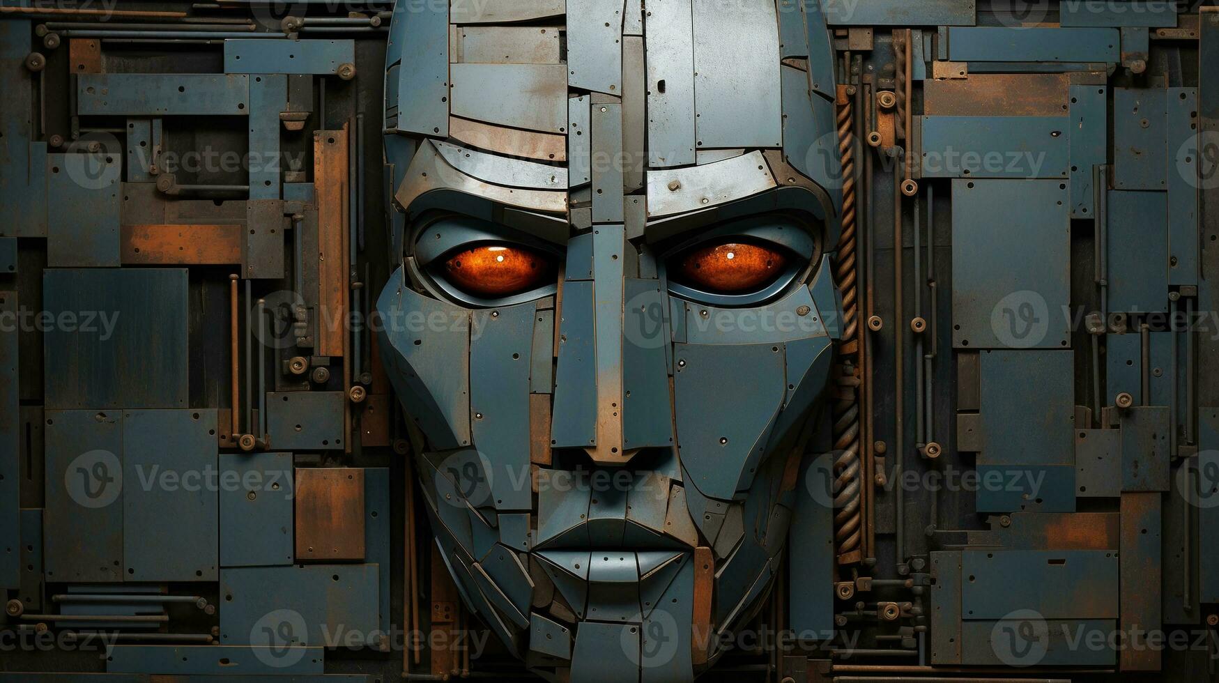 Generative AI, Abstract robotic face on rusty vintage metal background, geometric shapes photo