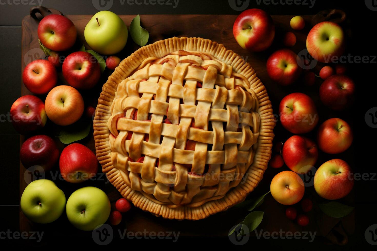 Apple pie on a dark wooden table with apples, top view. Homemade cakes with apples. AI Generative photo