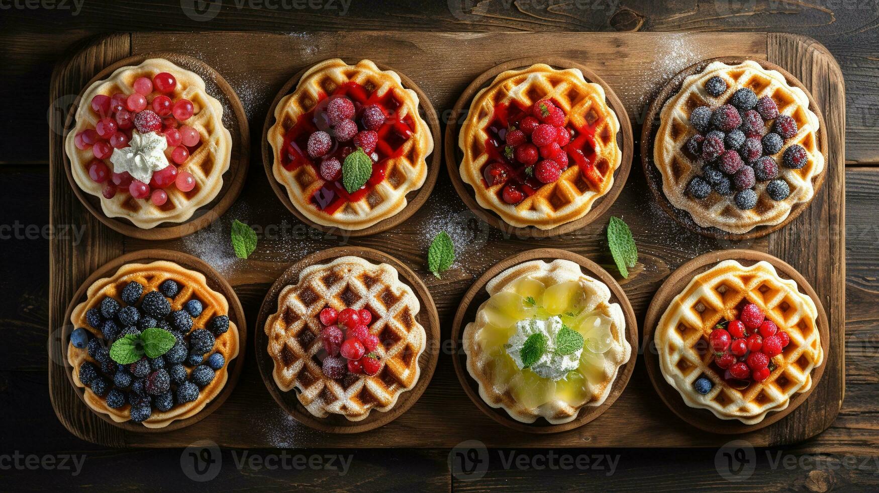 Generative AI, Assorted Belgian waffles with fruit and syrup, sweet baked dessert photo