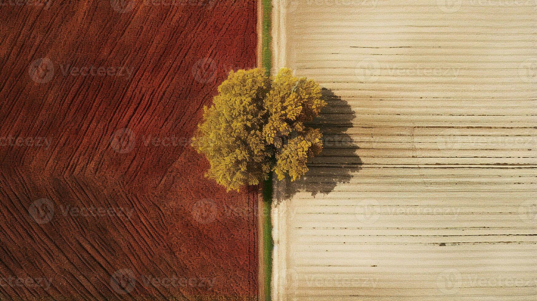 Generative AI, Farm autumn landscape, agricultural fields, beautiful green, yellow, orange and beige countryside, country road. Nature Illustration, photorealistic top view drone. photo