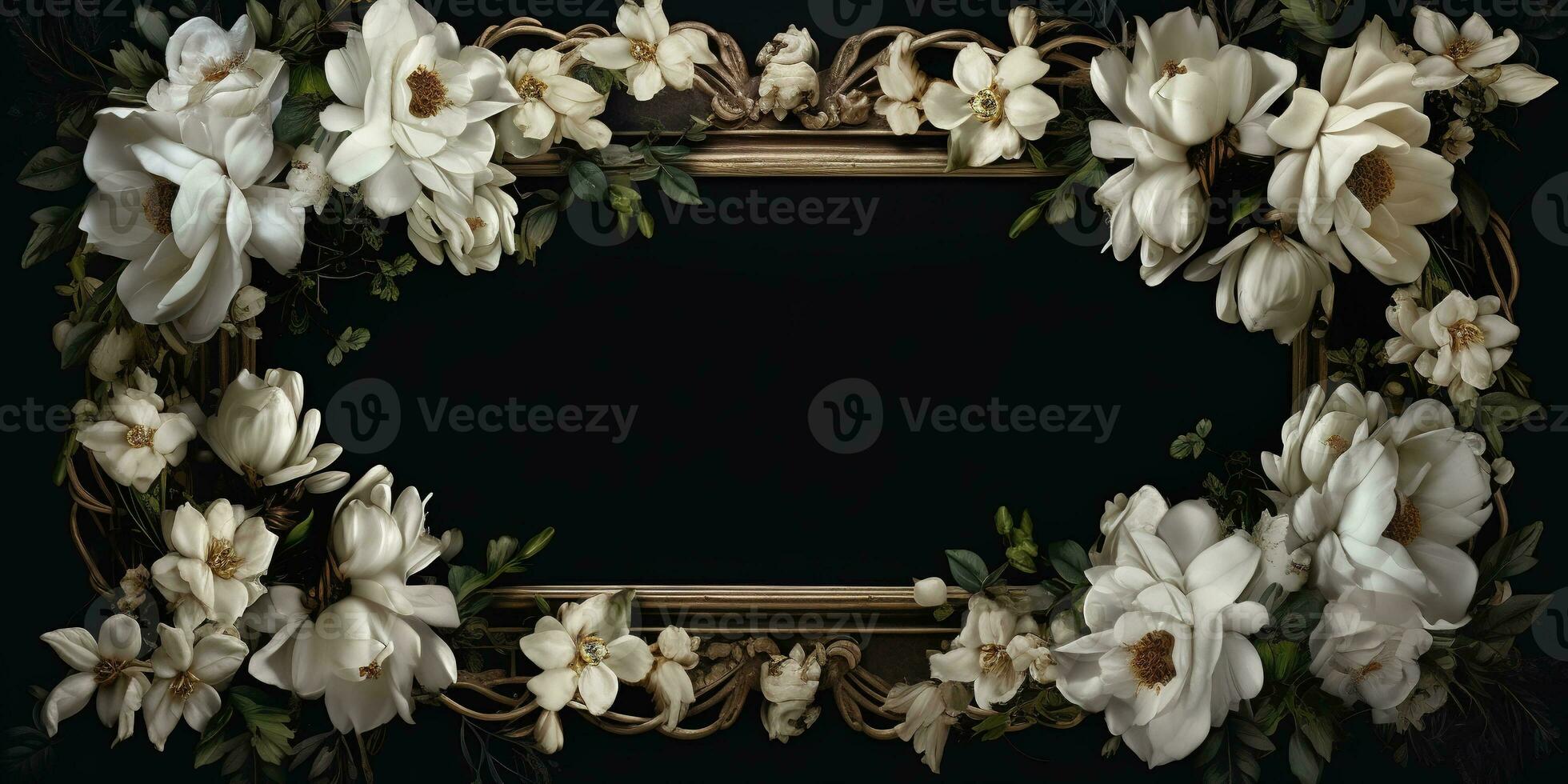 Generative AI, vintage frame with white flowers, futuristic victorian, black background photo