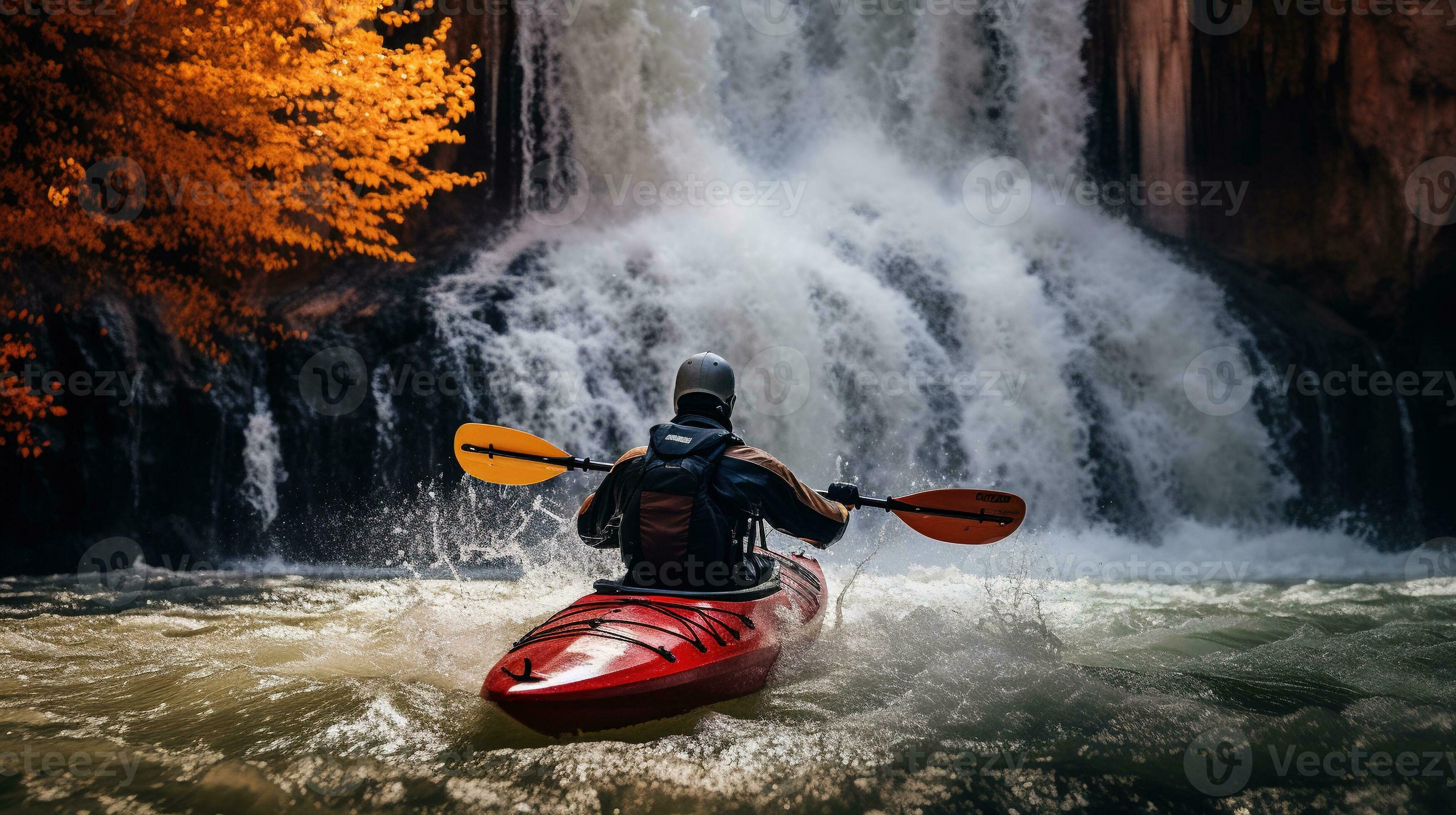 Generative AI, kayak raft river waterfall, extreme sport concept
