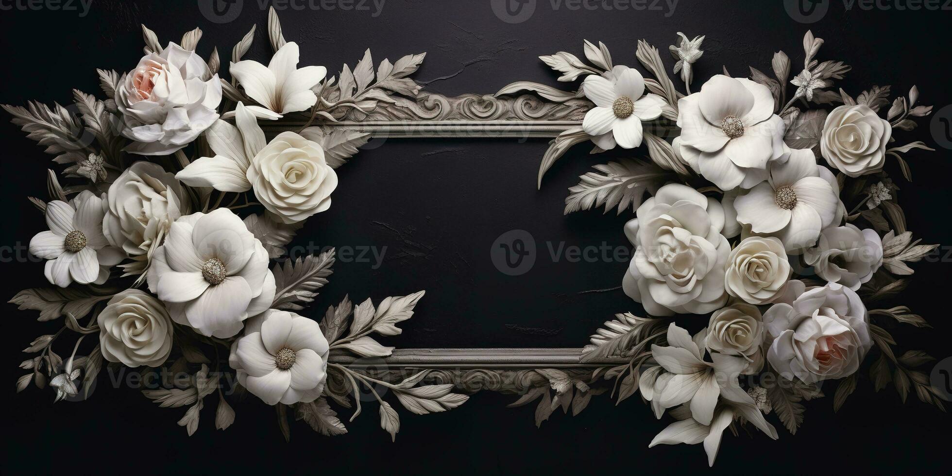 Generative AI, vintage frame with white flowers, futuristic victorian, black background photo