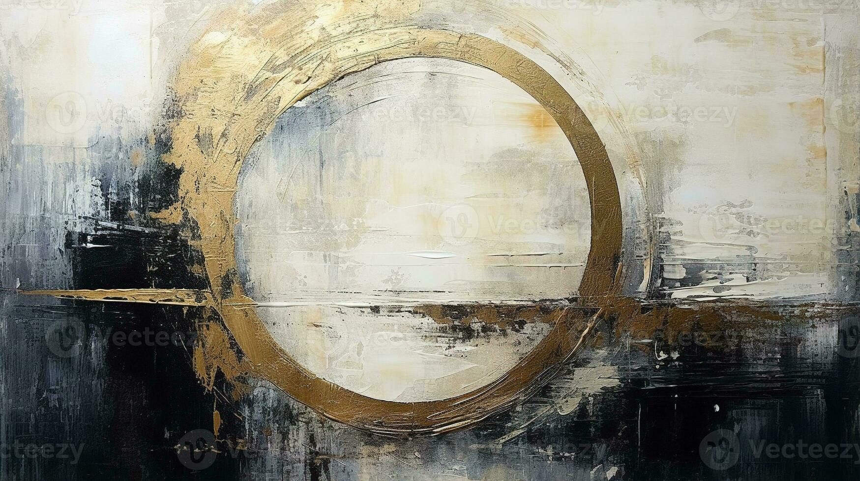 Generative AI, Black, golden and ivory white colors, circle shapes vintage painting background. Grunge old oil impasto painted wall texture photo