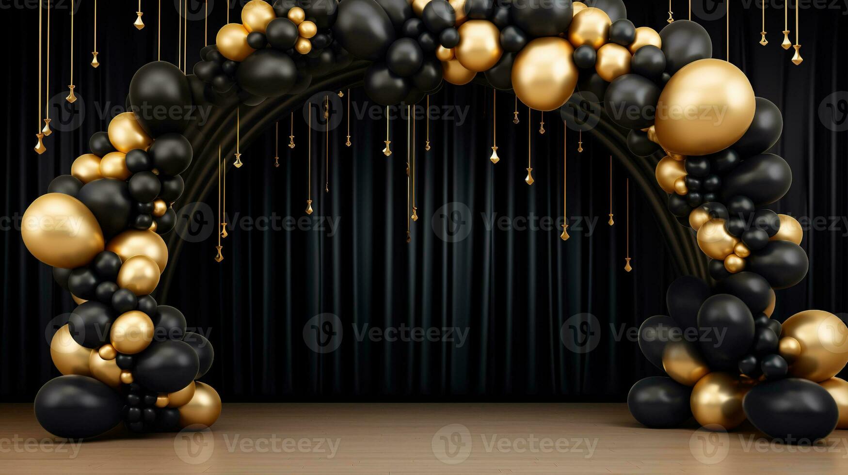 Generative AI, arch of black and golden balloons. Mock up for Black Friday or other holiday 3d background photo