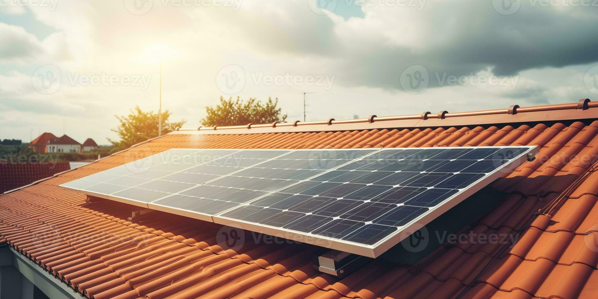 Generative AI, solar panels on building roof, clean ecological electricity at sunset, renewable energy concept photo