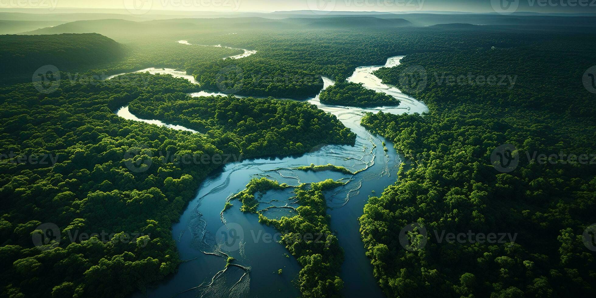 generativo ai, verde hermosa amazónico selva paisaje con arboles y río, zumbido ver foto