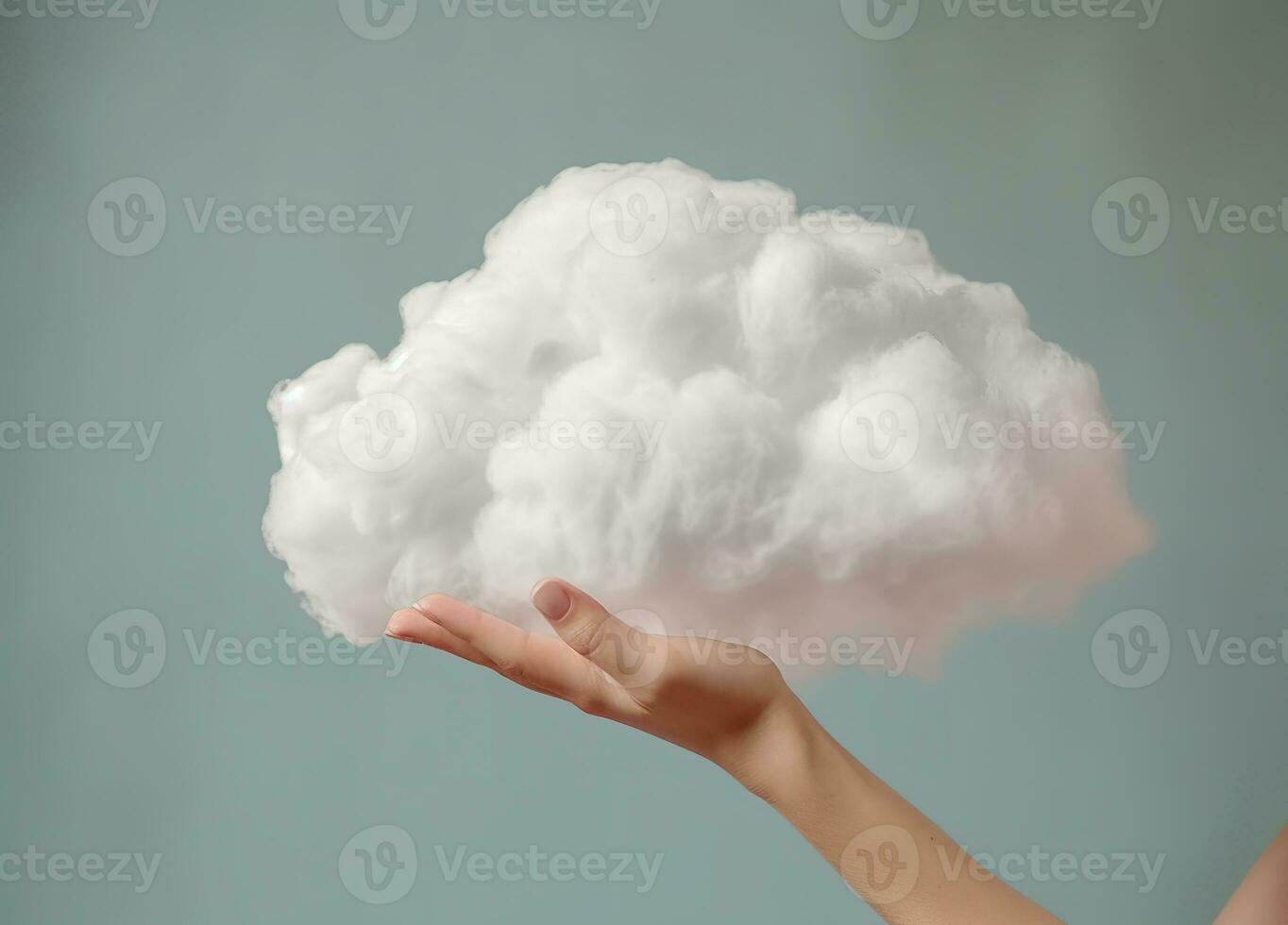 Generative AI, hand holding cloud, sky background. The development of the imagination concept photo