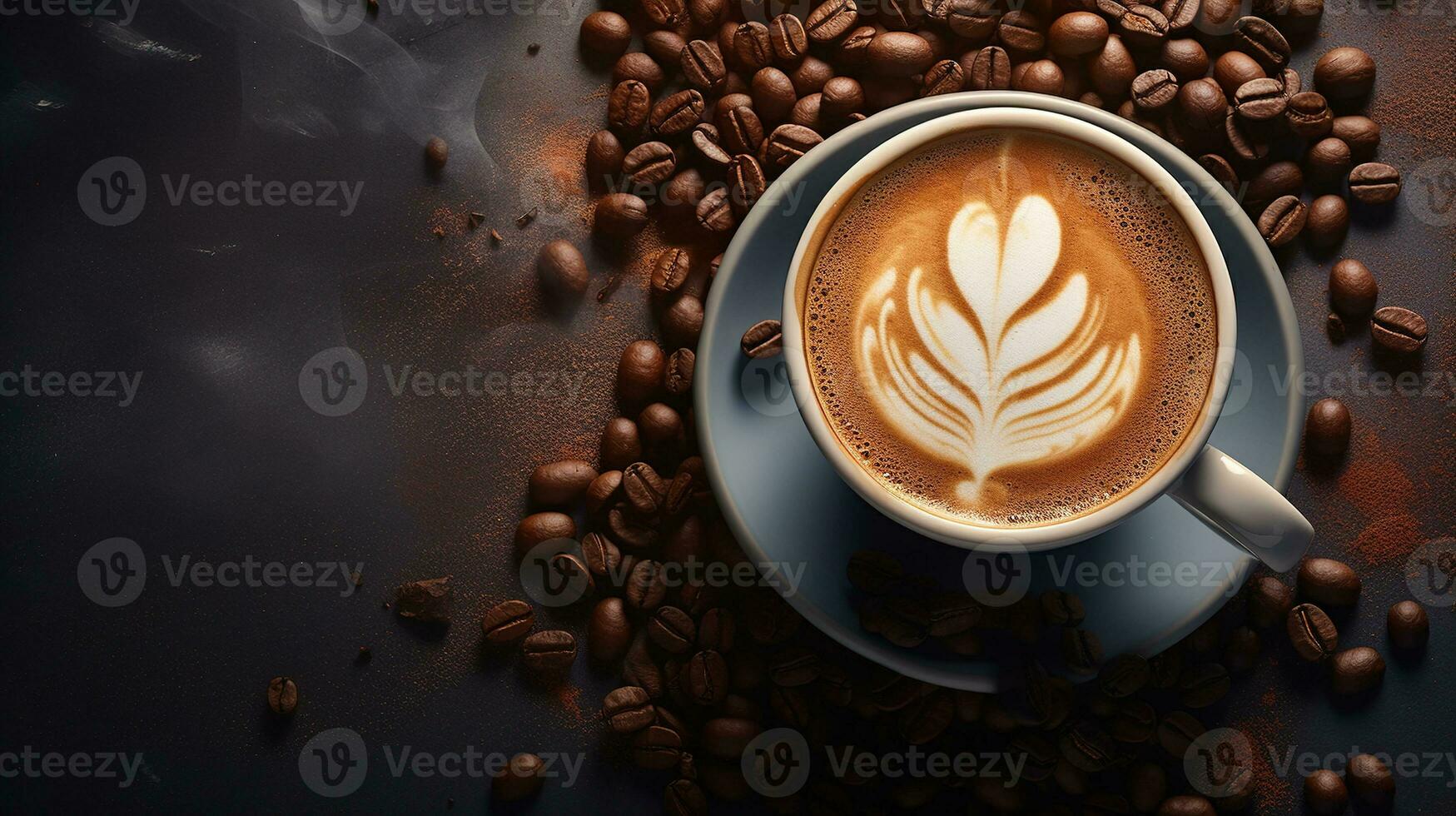 Generative AI, hot cappuccino with latte art on wooden table with coffee beans photo