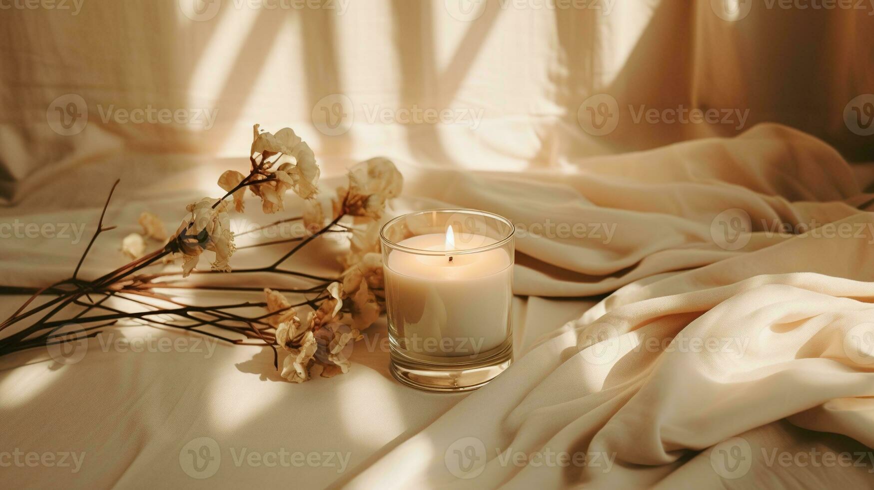 Generative AI, burning candle on beige background. Aesthetic muted composition dry flowers, textile. Home interior, comfort, spa, relax and wellness concept. photo