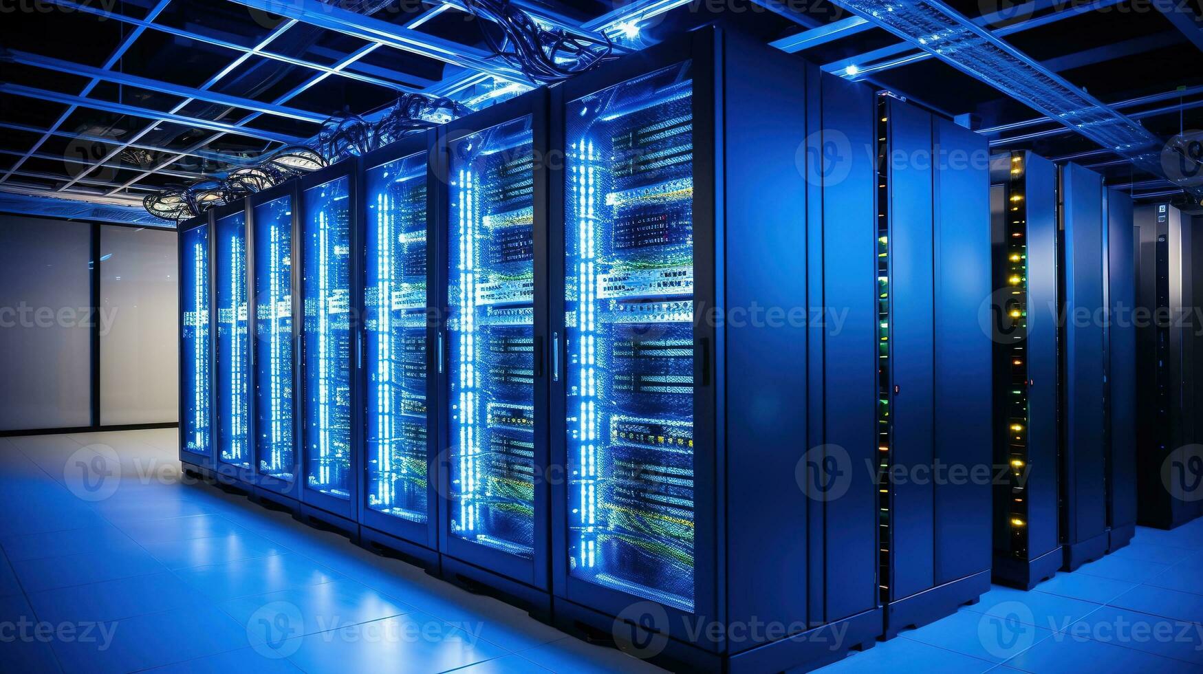 Generative AI, Data Center, modern high technology server room in neon colors. Modern telecommunications, cloud computing, artificial intelligence, database. photo