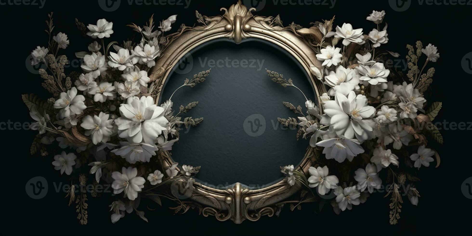 Generative AI, vintage frame with white flowers, futuristic victorian, black background photo