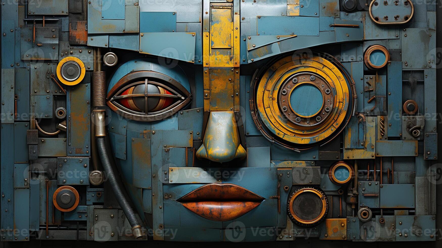 Generative AI, Abstract robotic face on rusty vintage metal background, geometric shapes photo