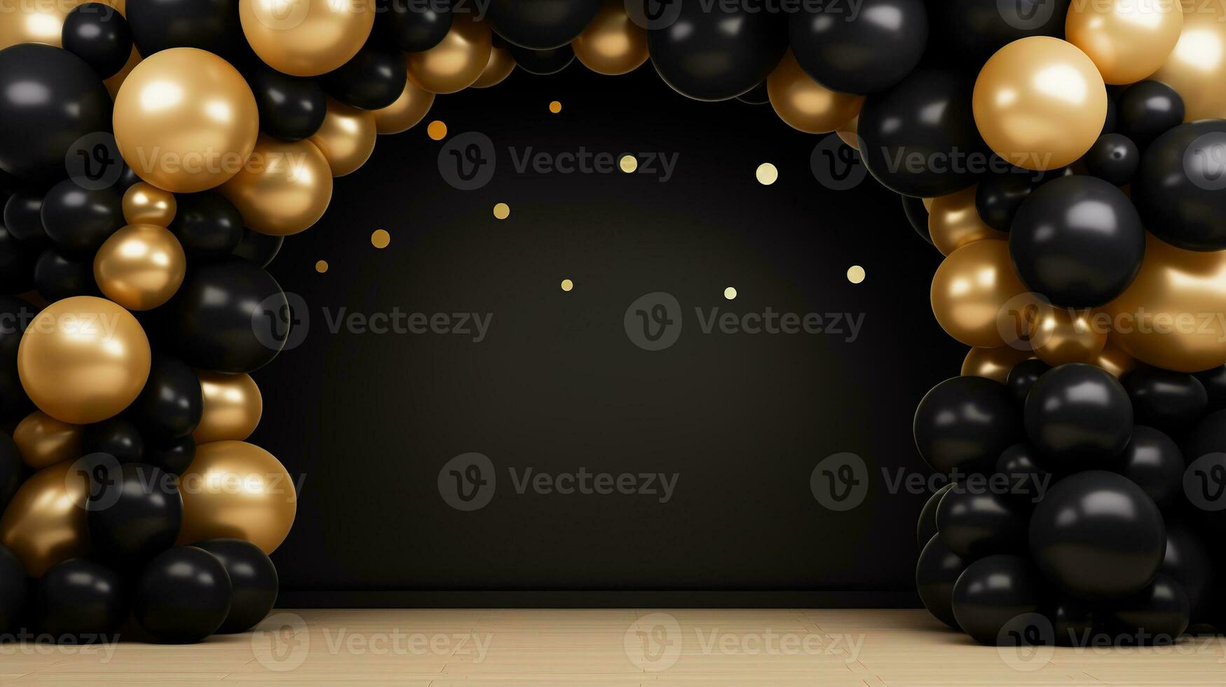 Generative AI, arch of black and golden balloons. Mock up for Black Friday or other holiday 3d background photo