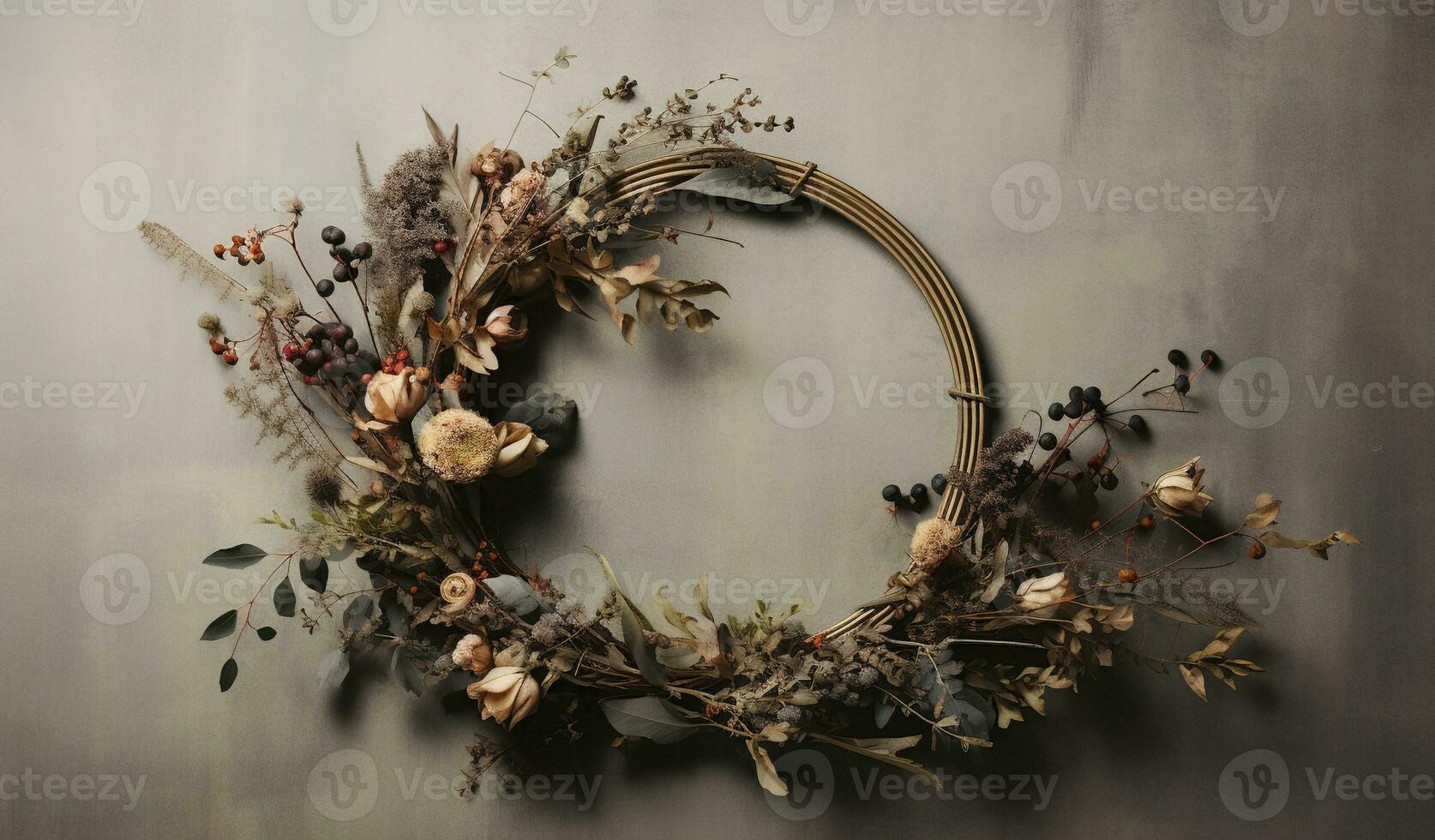 Generative AI, Stylish autumn rustic wreath close up, aesthetic muted colors photo