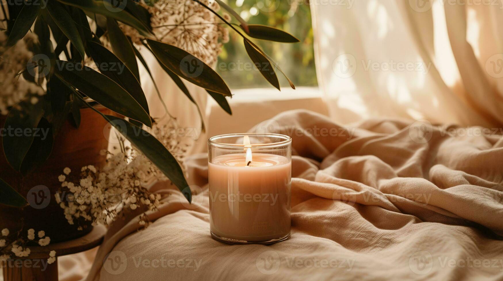 Generative AI, burning candle on beige background. Aesthetic muted composition dry flowers, textile. Home interior, comfort, spa, relax and wellness concept. photo