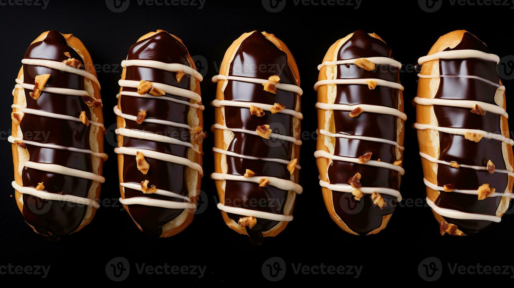 Generative AI, Assortment of eclairs, top view, sweet food. Traditional french dessert photo