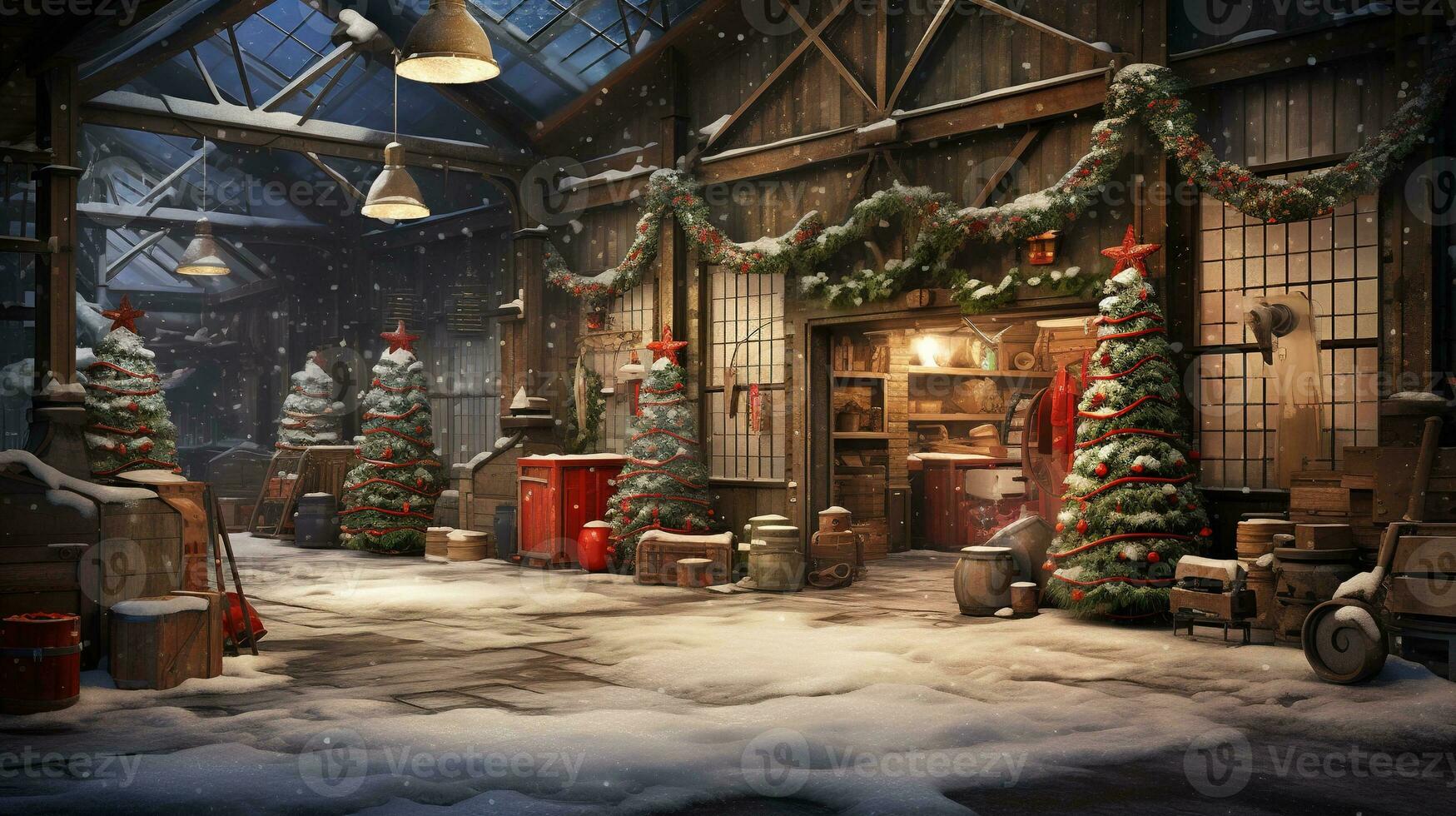 Generative AI, Christmas interior rural background, Santa Claus rustic workshop photo