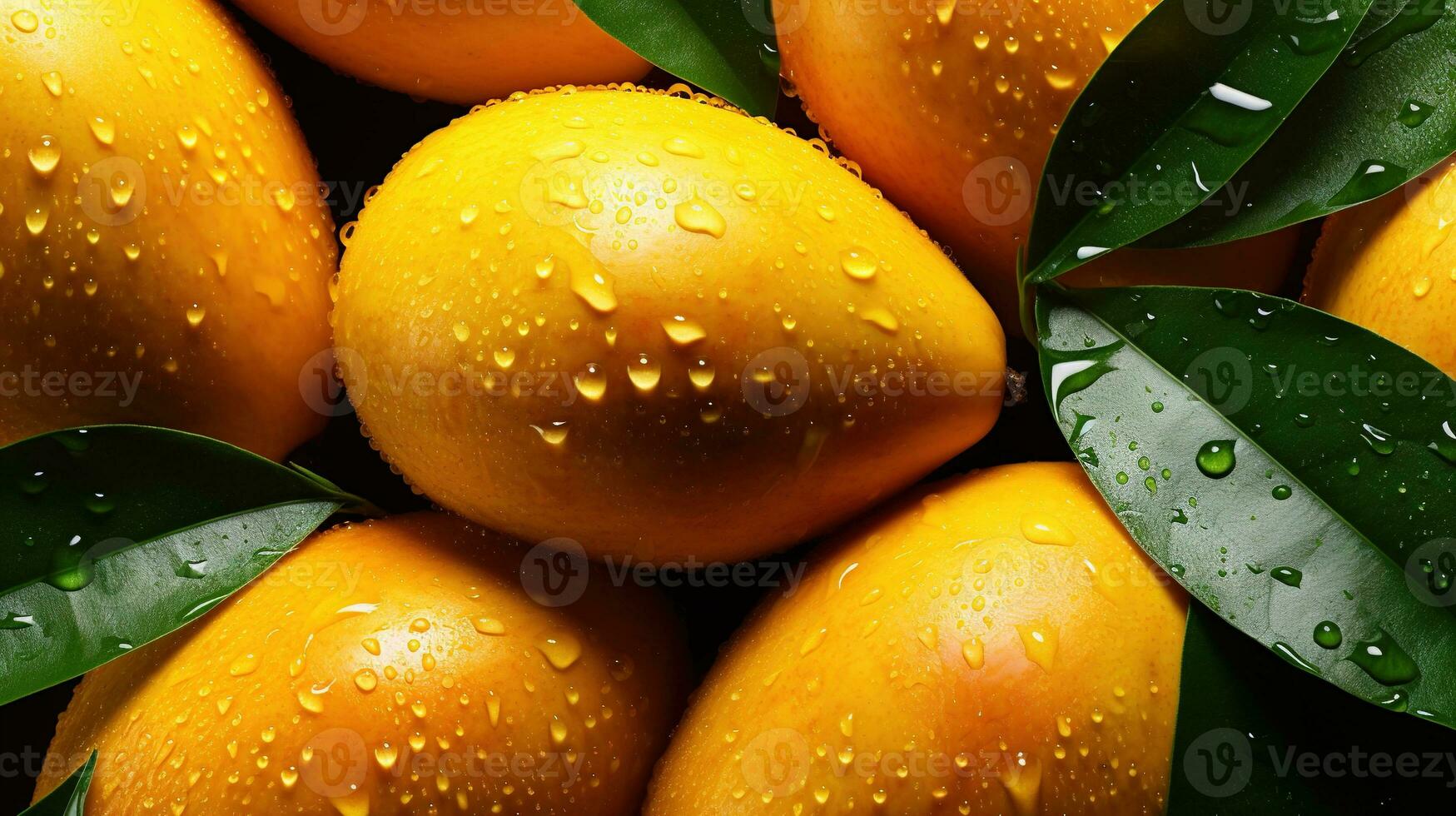 Generative AI, closeup fresh mango fruit background. Tropical exotic closeup photo with water drops.