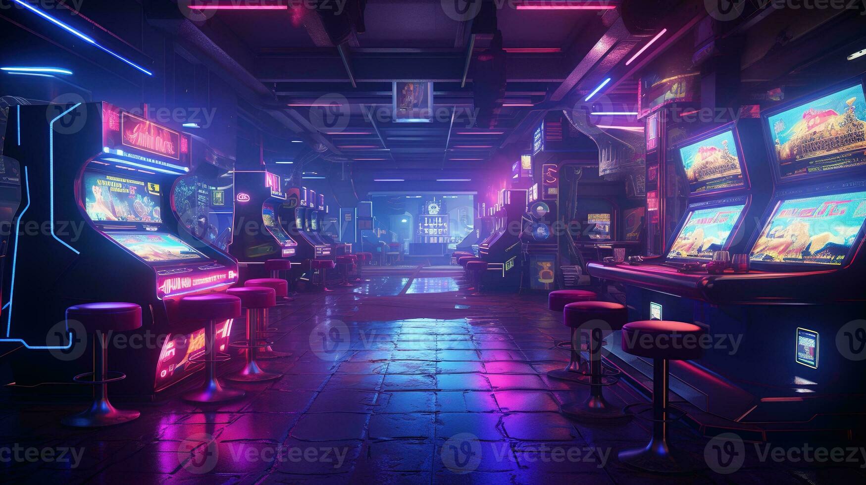 generativo ai, cyberpunk estilo juego bar o cafetería. noche escena de grande ciudad, futurista nostálgico años 80, años 90 neón luces vibrante colores, fotorrealista horizontal foto