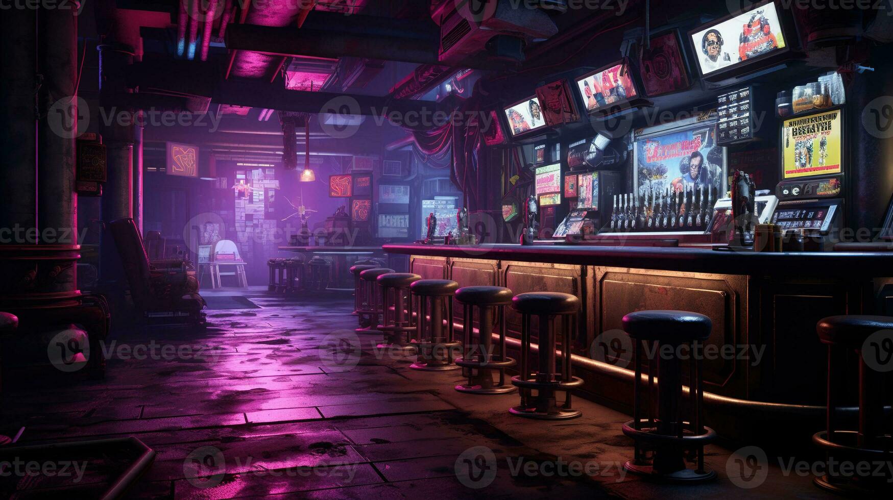 Generative AI, Cyberpunk style bar or cafe. Night scene of big city, futuristic nostalgic 80s, 90s. Neon lights vibrant colors, photorealistic horizontal illustration. photo