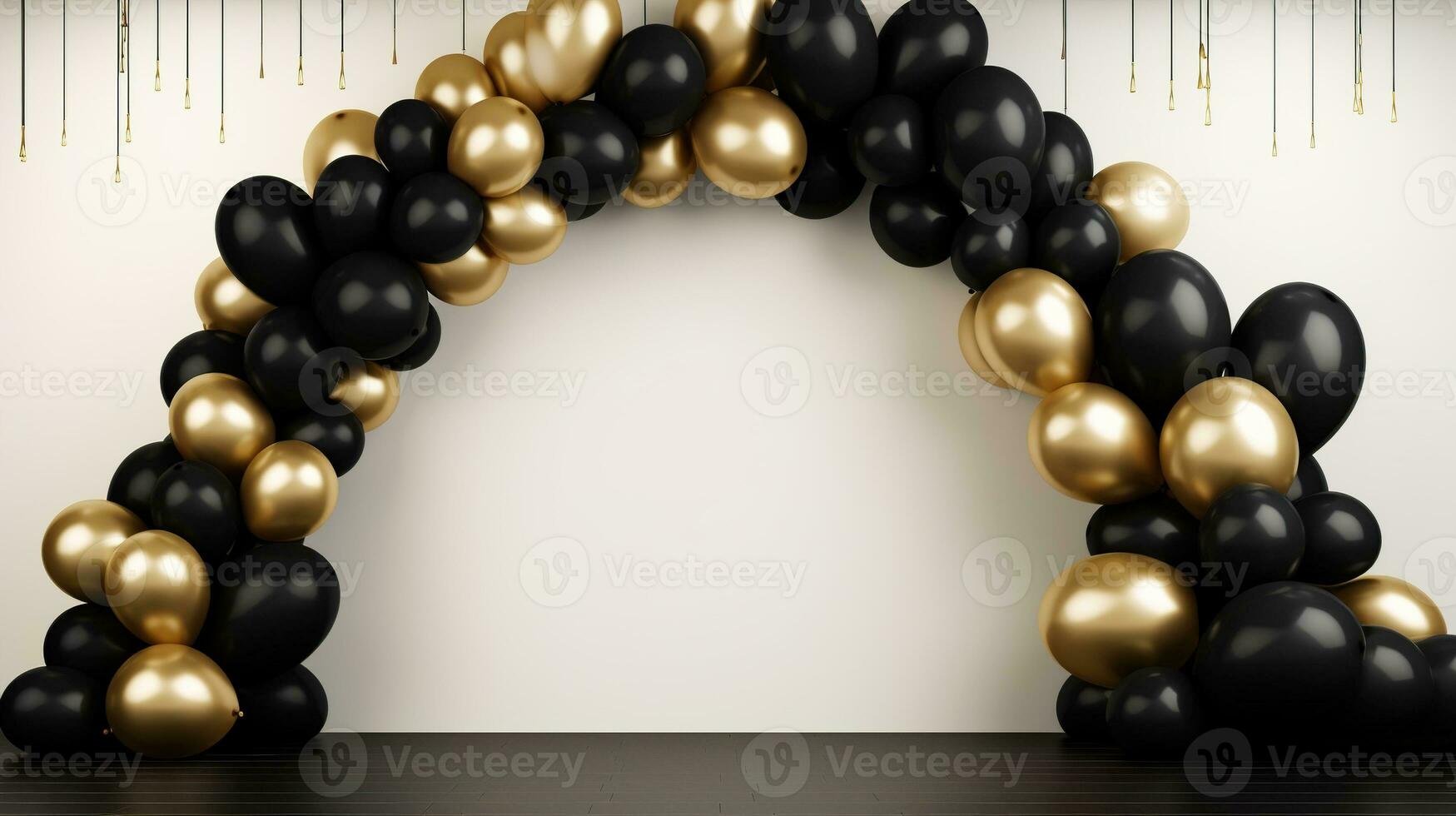 Generative AI, arch of black and golden balloons. Mock up for Black Friday or other holiday 3d background photo