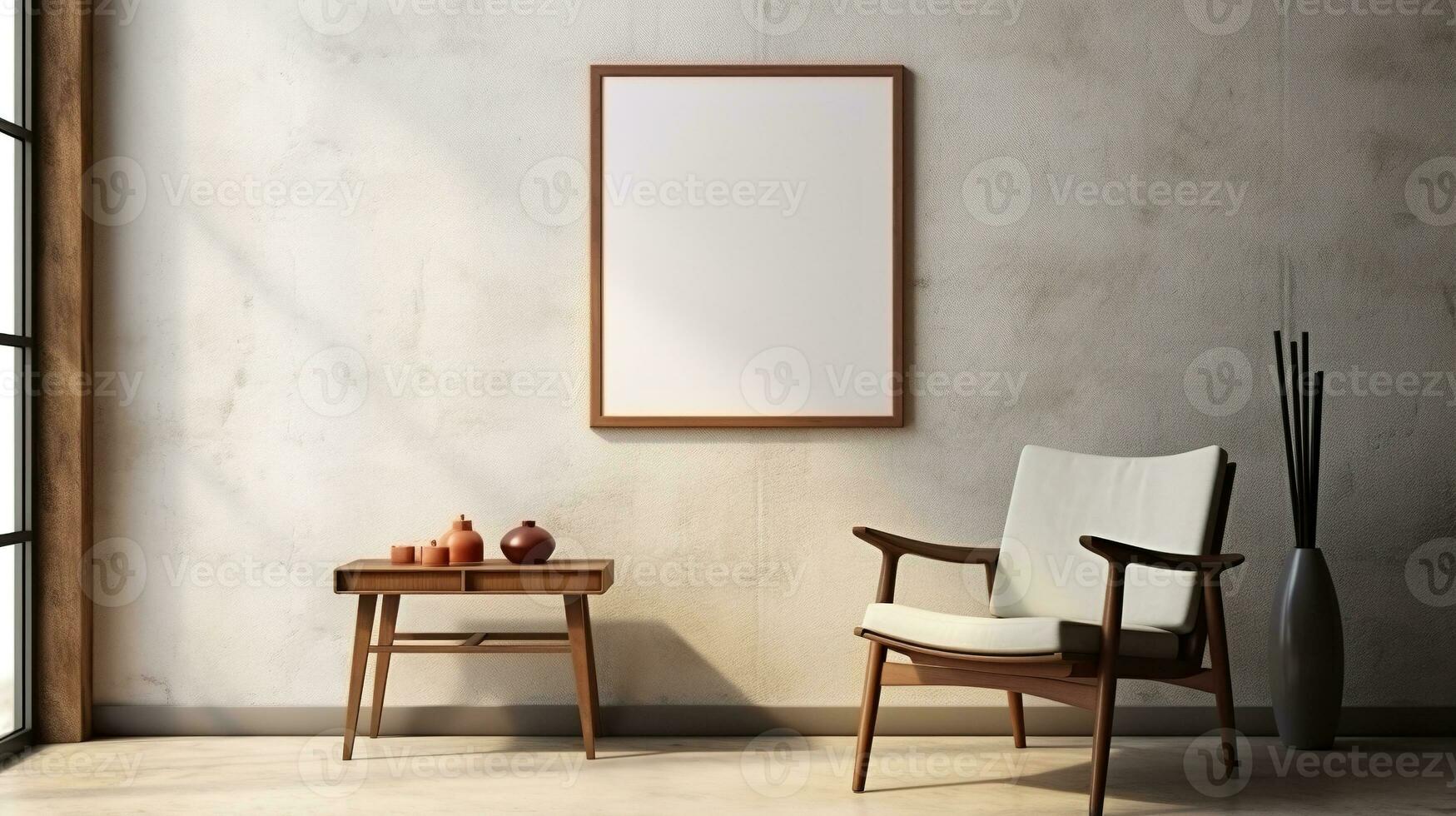 Generative AI, Poster frame mockup in beige and brown living room interior, wabi sabi minimalism style photo