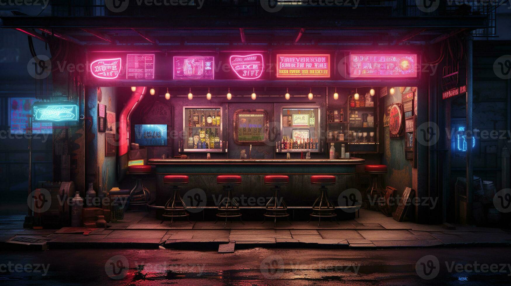 Generative AI, Cyberpunk style bar or cafe. Night scene of big city, futuristic nostalgic 80s, 90s. Neon lights vibrant colors, photorealistic horizontal illustration. photo