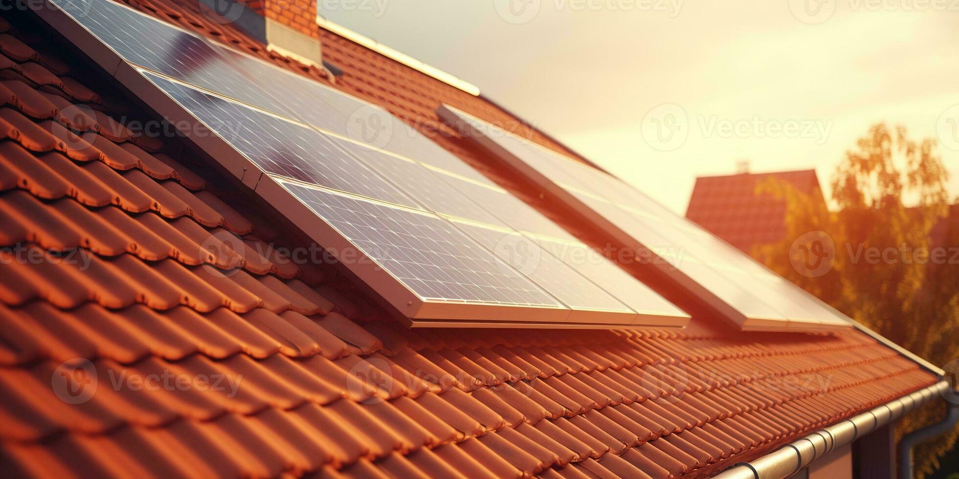 Generative AI, solar panels on building roof, clean ecological electricity at sunset, renewable energy concept photo