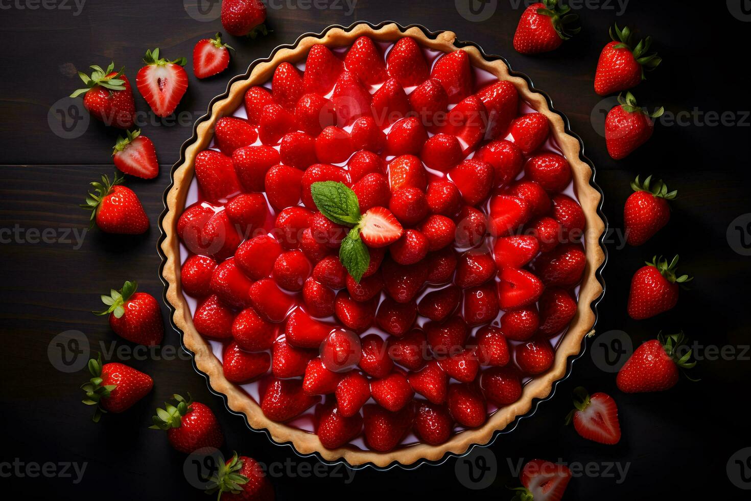 Strawberry pie on a dark table with strawberry, top view. Homemade cakes with berry.  AI Generative photo