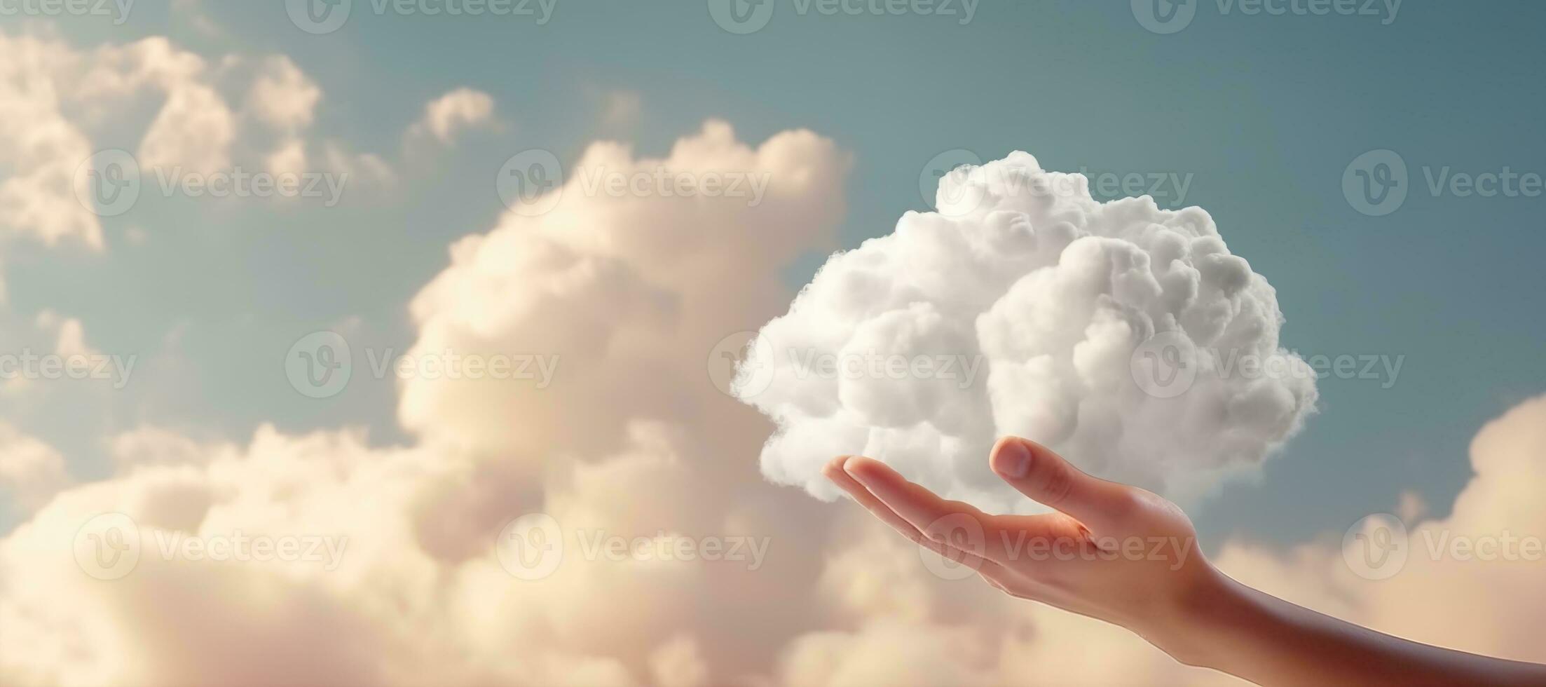 Generative AI, hand holding cloud, sky background. The development of the imagination concept photo