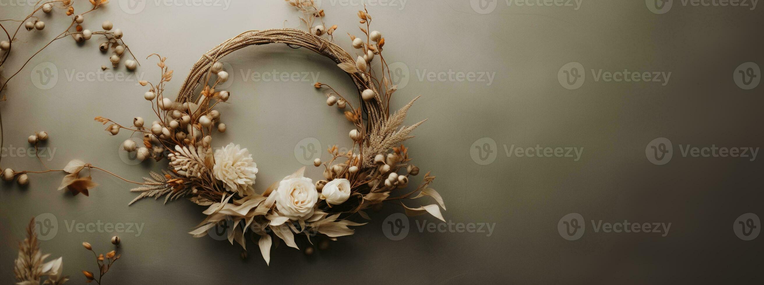 Generative AI, Stylish autumn rustic wreath close up, aesthetic muted colors photo